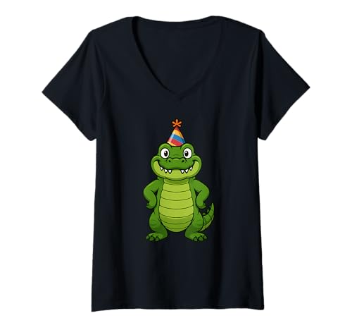 Damen Krokodil Happy Birthday Party Hut Tierliebhaber Geburtstag Jungen T-Shirt mit V-Ausschnitt Damen Krokodil Happy Birthday Party Hut Tierliebhaber Geburtstag Jungen T-Shirt mit V-Ausschnitt von CrocodileAxis1