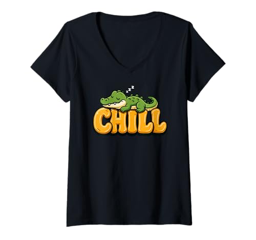 Damen Lustiges Krokodil Chill Lazy Tierliebhaber Jungen Mädchen Kinder T-Shirt mit V-Ausschnitt von CrocodileAxis1