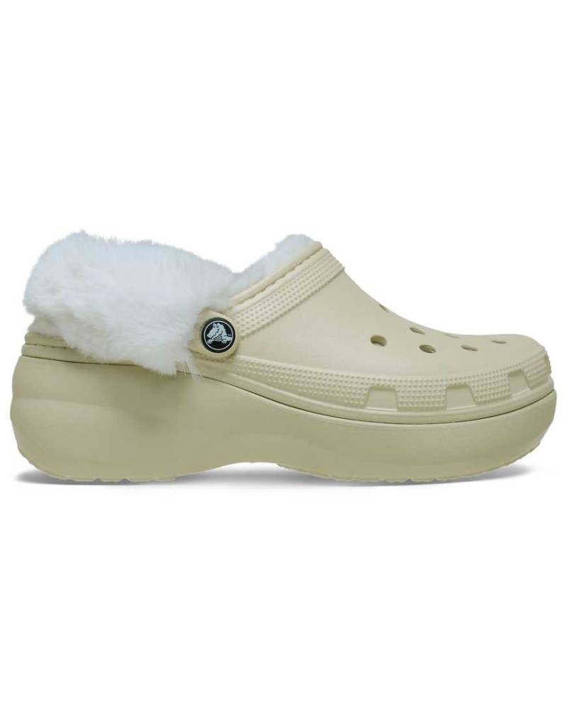 Crocs - Classic - Clogs in Knochenbeige mit Plateausohle und Fleecefutter-Neutral von Crocs