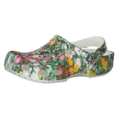 Crocs Unisex Adult Men's and Women's Classic Graphic | Comfortable Slip on Water Shoes Clog, Floral Print/White, 15 Women 13 Men US von Crocs