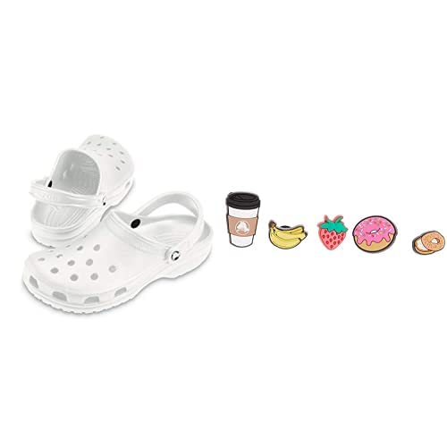 Crocs Unisex Classic Clog,White,41/42 EU + Unisex-Erwachsene Shoe Charm 5-Pack | Personalize with Jibbitz for Schuhanhänger, Frühstück, Small von Crocs