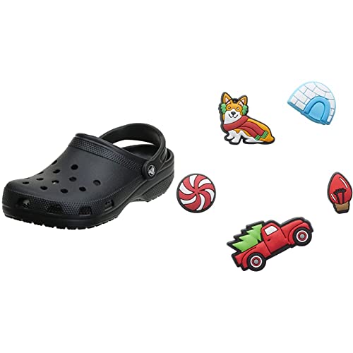 Crocs Unisex Classic Pantoffeln, Black, 46/47 EU + Jibbitz Schuh-Anhänger für Damen und Herren, 5 Stück, Weihnachten, Small von Crocs