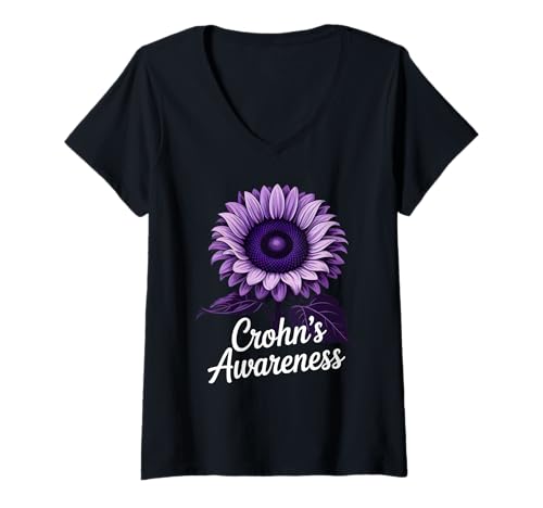 Damen Lila Sonnenblume Crohns Bewusstsein T-Shirt mit V-Ausschnitt Damen Lila Sonnenblume Crohns Bewusstsein T-Shirt mit V-Ausschnitt von Crohn’s Awareness Month