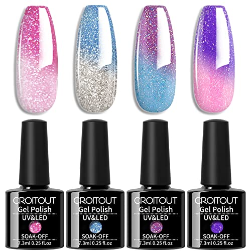 Croitout UV Farbwechsel Gel Nagellack Set, Thermo Shellac Gellack Kit, Mehrfarbig Ablösbarer Nagelgel Farbgel Nagel, Chameleon Polish Set 4 x 7.3ml (4WB-017, 4WB-017) von Croitout