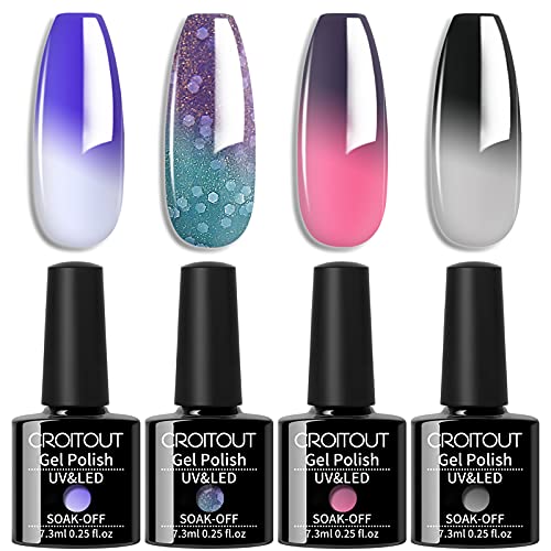 Croitout UV Farbwechsel Gel Nagellack Set, Thermo Shellac Gellack Kit, Mehrfarbig Ablösbarer Nagelgel Farbgel Nagel, Chameleon Polish Set 4 x 7.3ml (4WB-007, 4WB-007) von Croitout