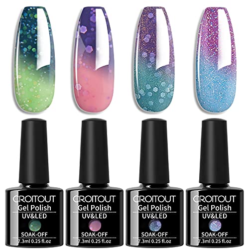 Croitout UV Farbwechsel Gel Nagellack Set, Thermo Shellac Gellack Kit, Mehrfarbig Ablösbarer Nagelgel Farbgel Nagel, Chameleon Polish Set 4 x 7.3ml (4WB-003, 4WB-003) von Croitout