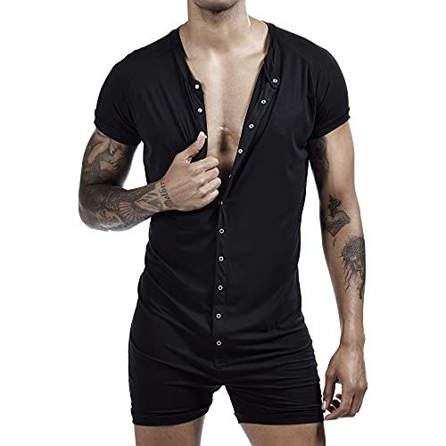 Crongless Herren Kurzarm Strampler Overall Henley Jumpsuit Super Bequemer Stretch-Baumwoll-Strampler mit Knöpfen Männer Schwarz (L) von Crongless