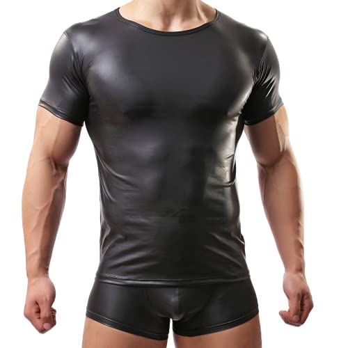 Crongless Herren Sexy T-Shirt,Lackleder Kurzarm Wetlook Top Unterhemd Fitness Latex Shirts Tank Top Slim Fit(XXL) von Crongless