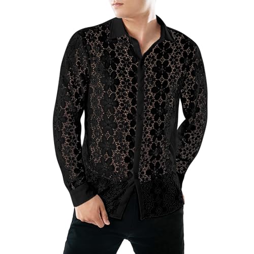 Crongless Herren Transparent Blumen Hemd, Spitze Button Down Langarm Freizeithemden Herren Party(Schwarz,L) von Crongless