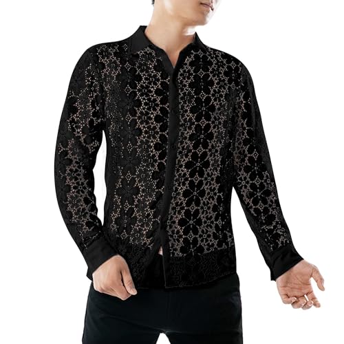 Crongless Herren Transparent Blumen Hemd, Spitze Button Down Langarm Freizeithemden Herren Party(Schwarz,XL) von Crongless