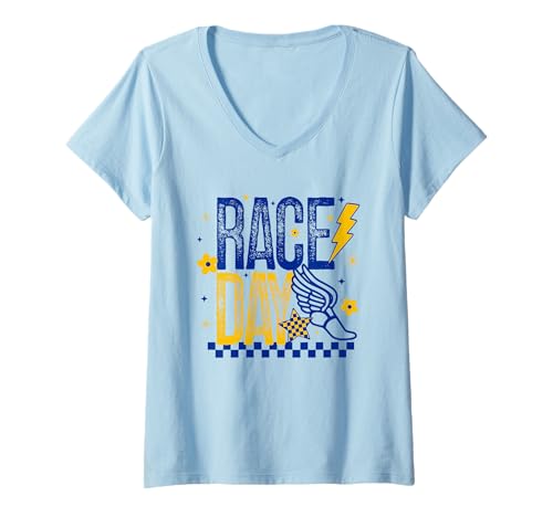 Damen Langlauf-Tagelläufer Leichtathletik Blau/Gold T-Shirt mit V-Ausschnitt von Cross Country T-Shirt Co.