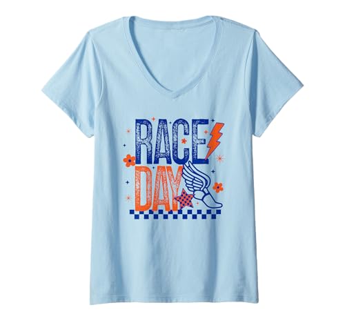 Damen Langlauf-Tagelläufer Leichtathletik Blau/Orange T-Shirt mit V-Ausschnitt Damen Langlauf-Tagelläufer Leichtathletik Blau/Orange T-Shirt mit V-Ausschnitt von Cross Country T-Shirt Co.