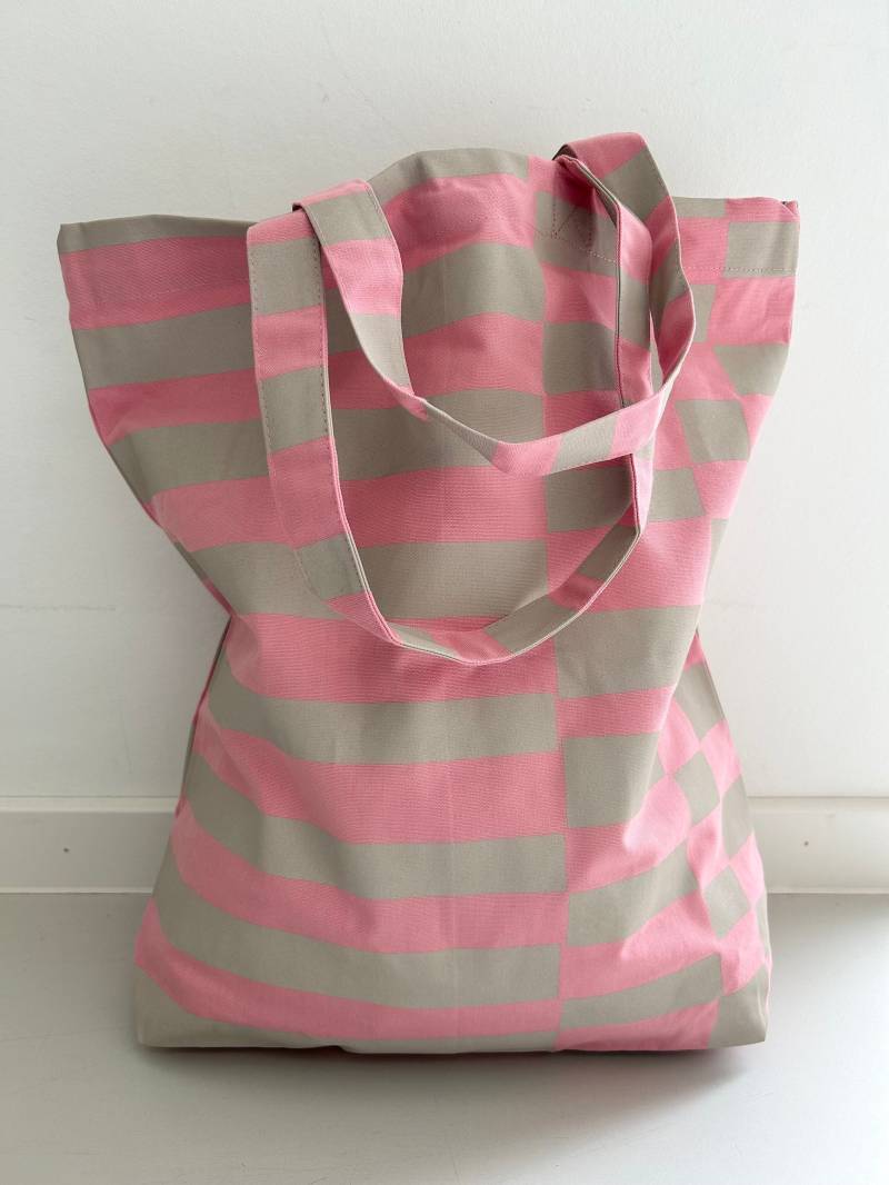 Baumwolltasche, Shopper, Gestreift/Kariert, Rosa/Beige von CrossDowntown