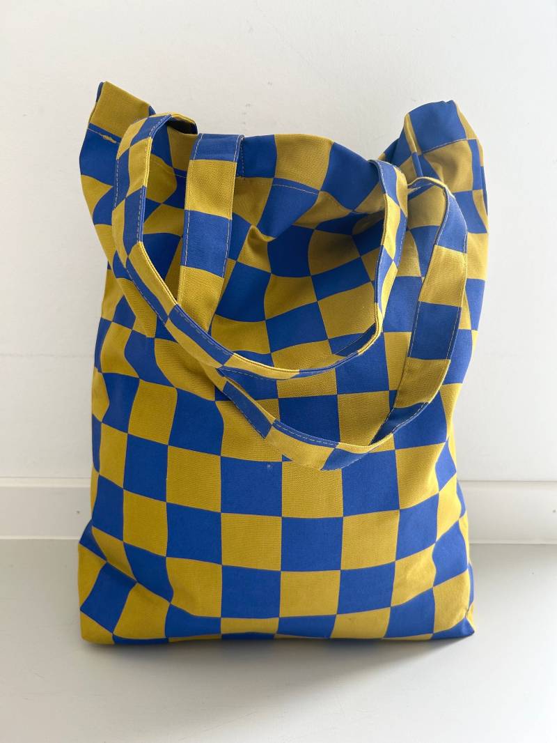 Baumwolltasche, Shopper, Karo, Blau/Grün von CrossDowntown