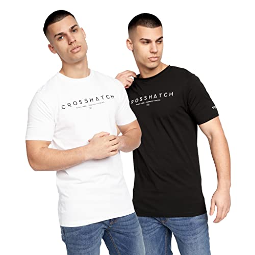 Crosshatch Herren Premium Halbarm Rundhals T-Shirt mit Briefdruck Logo Design, weiß / schwarz, L von Crosshatch