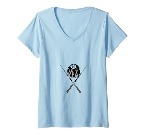Damen Flaming 8 Ball/Billardqueue/Poolspieler/Ball in Tasche T-Shirt mit V-Ausschnitt Damen Flaming 8 Ball/Billardqueue/Poolspieler/Ball in Tasche T-Shirt mit V-Ausschnitt von Crossed Cues