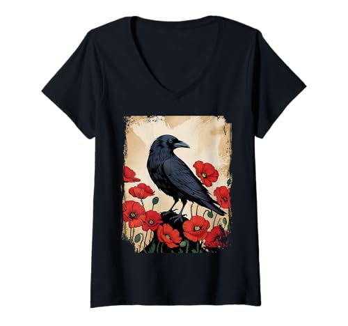 Damen Rote Mohnblumen im Vintage-Stil mit schwarzer Vogelgrafik, Rabe, Naturliebhaber T-Shirt mit V-Ausschnitt Damen Rote Mohnblumen im Vintage-Stil mit schwarzer Vogelgrafik, Rabe, Naturliebhaber T-Shirt mit V-Ausschnitt von Crow Bird Poppy flowers Floral contrast