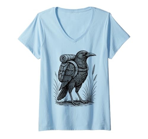 Damen Wandern Krähe Rucksackreisen Tier Natur Vogelliebhaber T-Shirt mit V-Ausschnitt Damen Wandern Krähe Rucksackreisen Tier Natur Vogelliebhaber T-Shirt mit V-Ausschnitt von Crow Hiker Trekking Hike Merch.