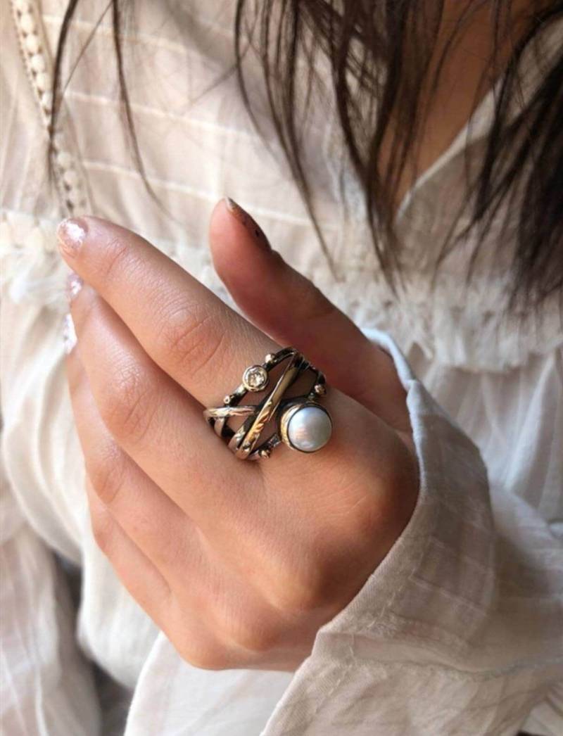 Perlenring, Kubikzirkonring, Perle Silberring, Edelsteinring 925 Sterling Ring, Perlmutt Ring von CrowHandMadeGifts