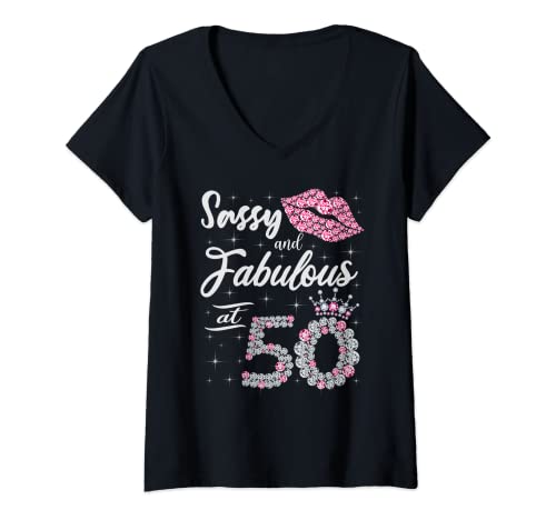 Damen Sassy And Fabulous At 50 50th Crown Lips Geburtstag Frauen Geschenk T-Shirt mit V-Ausschnitt von Crown Lips 50th Birthday Queen Gift For Womens