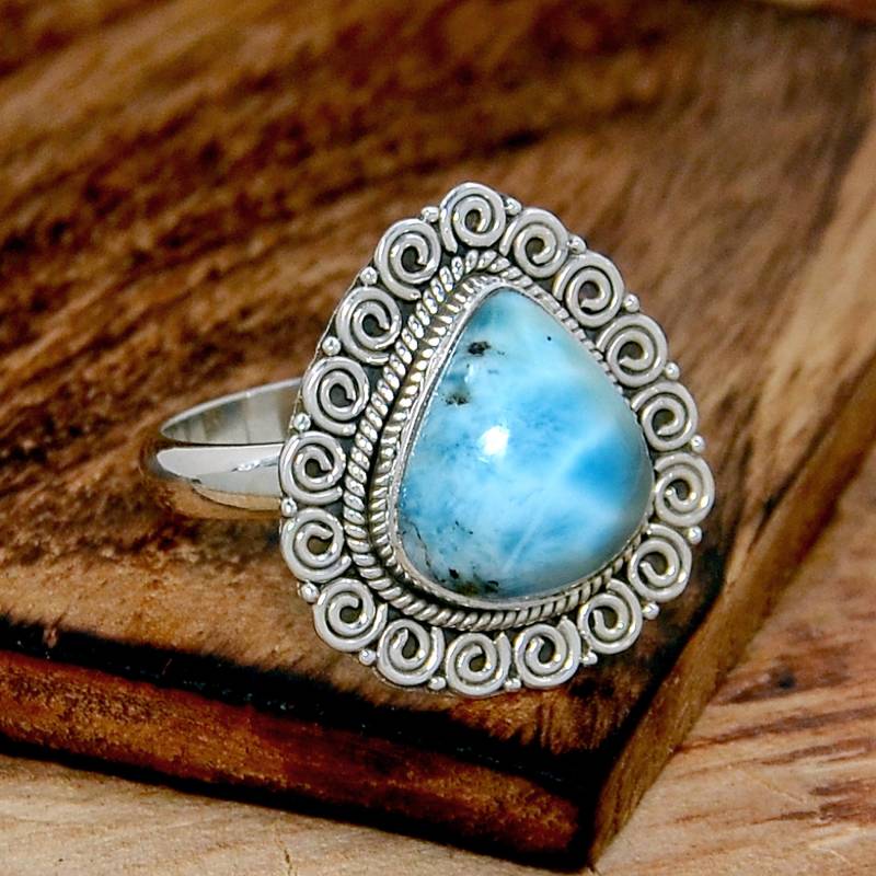 Echter Larimar Ring, 925 Sterling Silber Handgemachter Filigraner Boho Und Hippie Schmuck, Edelstein Ring von CrownJewelsHub