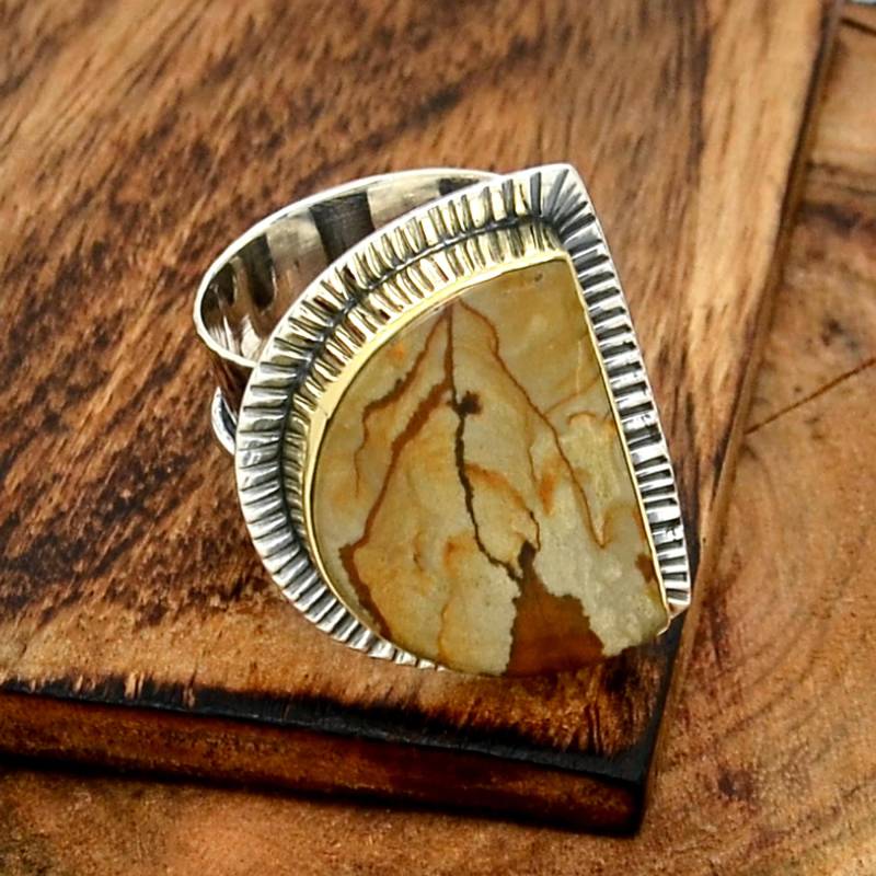 Owyhee Jaspis Ring, Bild Silber Handarbeit Zweifarbig Breiter Band Boho Ring von CrownJewelsHub