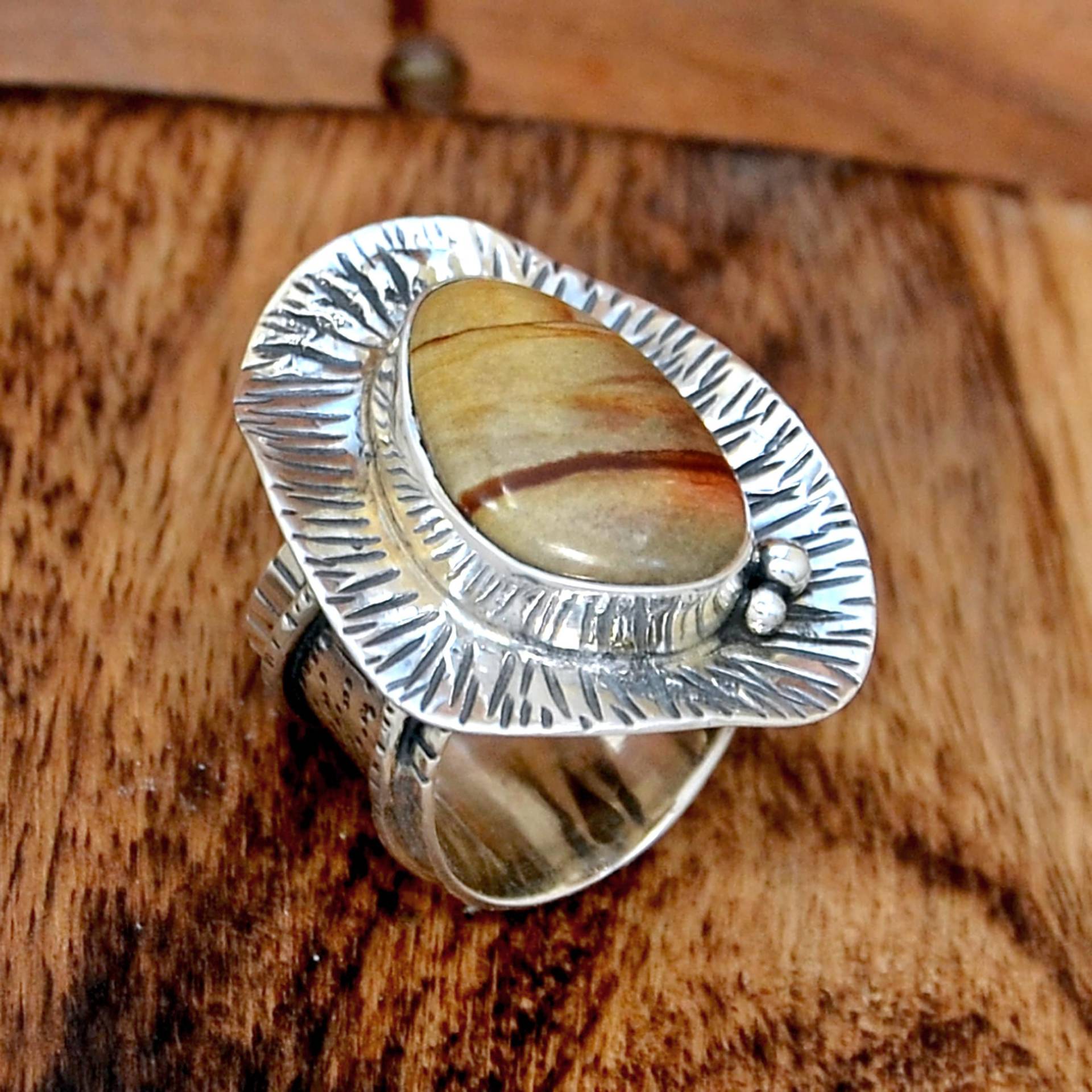 Owyhee Jaspis Ring, Bild Silber Handgefertigter Statement Breiter Band Boho Ring von CrownJewelsHub