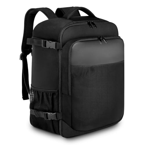 CrownMK® Ryanair und Vueling Reise-Rucksack, 40 x 20 x 25 cm, Handgepäck, 20 l, mit Laptopfach, wasserdicht, Diebstahlschutz und multifunktionaler Rucksack für Damen und Herren, Schwarz , Ausziehbarer von CrownMK