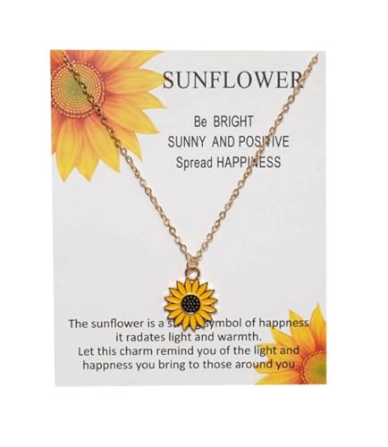 CrownOfRibbons Sonnenblumen-Halskette auf inspirierender Karte, glücklicher positiver Blumenschmuck-Anhänger, Emaille von CrownOfRibbons
