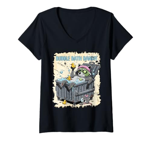 Damen Bubble Bad Bandit Waschbär Lustige entspannende Tiergrafik T-Shirt mit V-Ausschnitt von Crowned Raccoon
