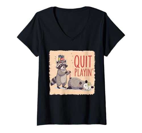 Damen Hör auf zu Spielen 'lustiger Waschbär Opossum Animal Humor T-Shirt mit V-Ausschnitt Damen Hör auf zu Spielen 'lustiger Waschbär Opossum Animal Humor T-Shirt mit V-Ausschnitt von Crowned Raccoon