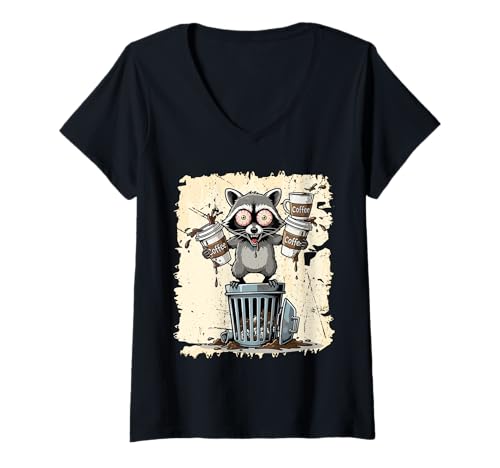 Damen Kabel verdrahtete Waschbär Kaffeeabhängige lustige T-Shirt mit V-Ausschnitt von Crowned Raccoon
