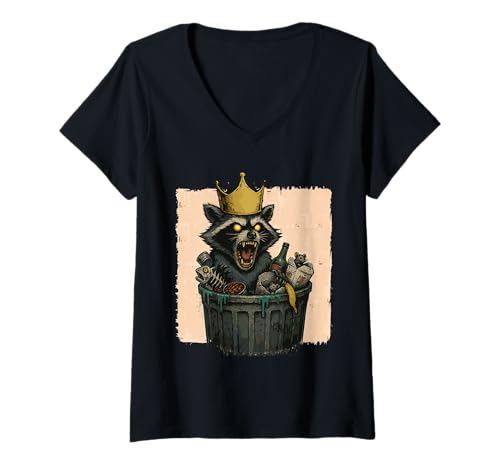 Damen König Raccoon Grunge Urban Wildlife Creature T-Shirt mit V-Ausschnitt von Crowned Raccoon