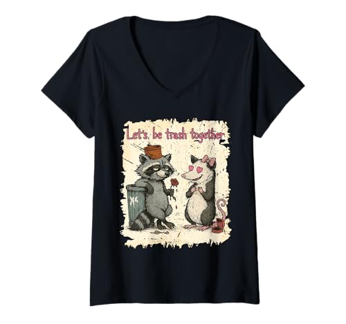 Damen Lass Uns zusammen Müll Machen, das lustiges Waschbär Opossum T-Shirt mit V-Ausschnitt von Crowned Raccoon