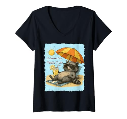 Damen Lustige Waschbär Sommerpläne hauptsächlich Müllhumor T-Shirt mit V-Ausschnitt Damen Lustige Waschbär Sommerpläne hauptsächlich Müllhumor T-Shirt mit V-Ausschnitt von Crowned Raccoon