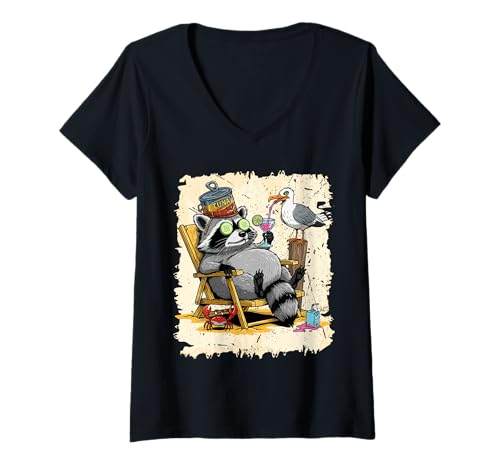 Damen Lustiges Waschbär Beach Chillin 'Sommer Urlaub Tier T-Shirt mit V-Ausschnitt Damen Lustiges Waschbär Beach Chillin 'Sommer Urlaub Tier T-Shirt mit V-Ausschnitt von Crowned Raccoon