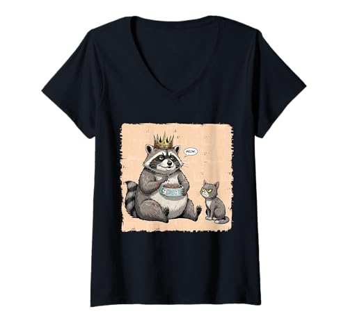 Damen Lustiges Waschbär Meow Katzenfutterfresser humorvolles Tier T-Shirt mit V-Ausschnitt Damen Lustiges Waschbär Meow Katzenfutterfresser humorvolles Tier T-Shirt mit V-Ausschnitt von Crowned Raccoon