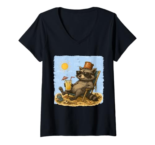 Damen Raccoon Beach Urlaub lustiges Sommer Chillin Tier T-Shirt mit V-Ausschnitt Damen Raccoon Beach Urlaub lustiges Sommer Chillin Tier T-Shirt mit V-Ausschnitt von Crowned Raccoon