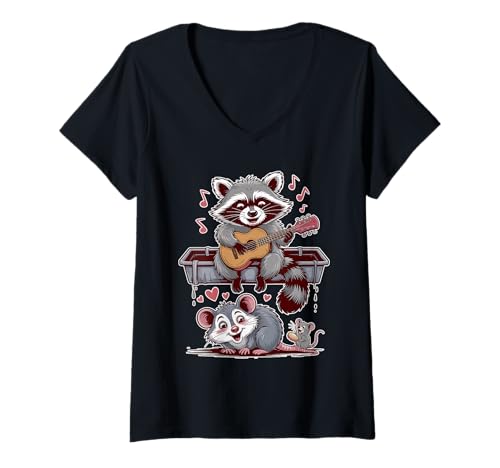 Damen Raccoon Opossum Serenade Valentine Animal Music T-Shirt mit V-Ausschnitt Damen Raccoon Opossum Serenade Valentine Animal Music T-Shirt mit V-Ausschnitt von Crowned Raccoon