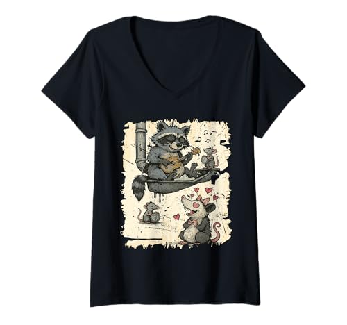 Damen Raccoon Opossum Valentine Serenade Love Music Graphic T-Shirt mit V-Ausschnitt von Crowned Raccoon