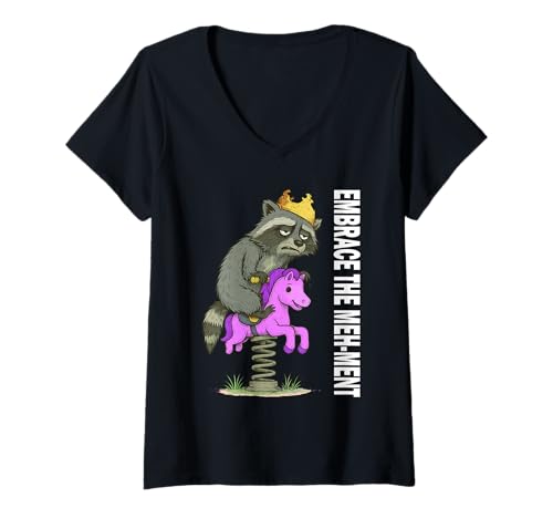 Damen Umfassen Sie den Meh-Ment-Raccoon lustig überwältigt T-Shirt mit V-Ausschnitt von Crowned Raccoon