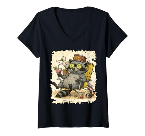 Damen Waschbär Beach Urlaub Entspannung Lustige Tiergrafik T-Shirt mit V-Ausschnitt Damen Waschbär Beach Urlaub Entspannung Lustige Tiergrafik T-Shirt mit V-Ausschnitt von Crowned Raccoon