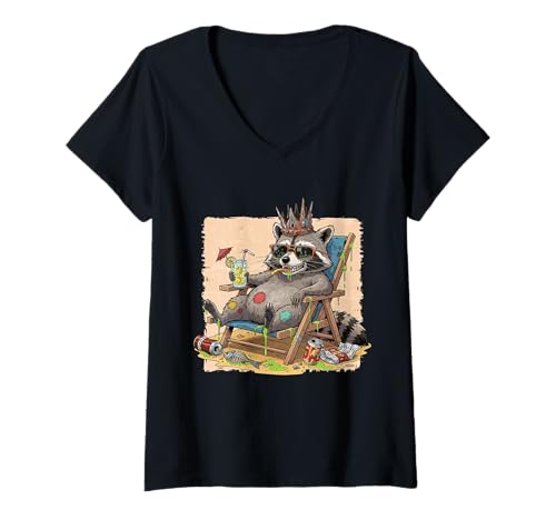 Damen Waschbär King Beach Urlaub Funny Animal Illustration T-Shirt mit V-Ausschnitt von Crowned Raccoon