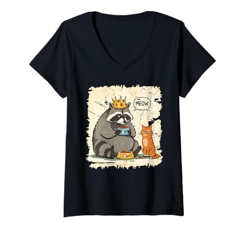 Damen Waschbär King Katze Essen lustiges katzener Freund Tierkunst T-Shirt mit V-Ausschnitt Damen Waschbär King Katze Essen lustiges katzener Freund Tierkunst T-Shirt mit V-Ausschnitt von Crowned Raccoon