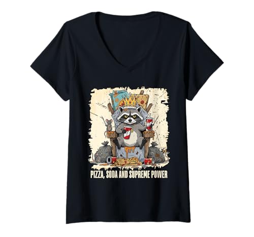Damen Waschbär King Pizza Soda Supreme Power Humor Grafik T-Shirt mit V-Ausschnitt von Crowned Raccoon