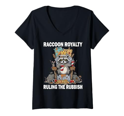 Damen Waschbär Lizenzgebühr, die das Müllkönigtier regiert T-Shirt mit V-Ausschnitt von Crowned Raccoon