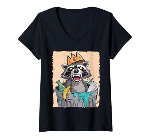 Damen Waschbär Lizenzhause Mülleimer gekrönt Critter Humor T-Shirt mit V-Ausschnitt von Crowned Raccoon