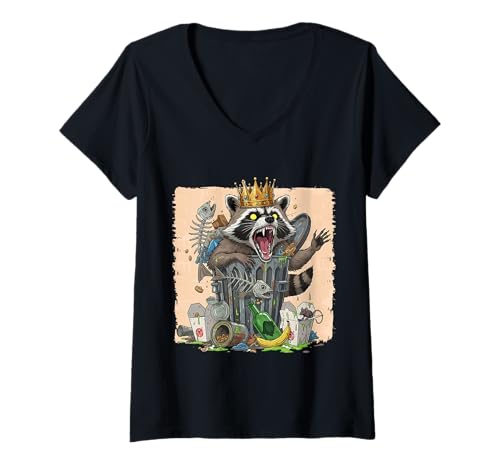 Damen Waschbär Müllkönig gekrönt Urban Animal Scavenger T-Shirt mit V-Ausschnitt von Crowned Raccoon
