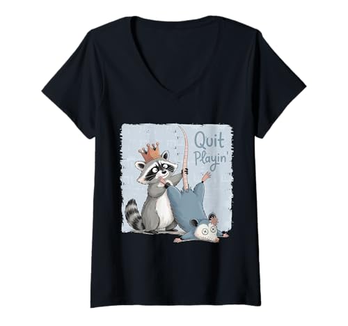 Damen Waschbär mit Crown Opossum hörte auf, humorvolles Tier zu T-Shirt mit V-Ausschnitt von Crowned Raccoon