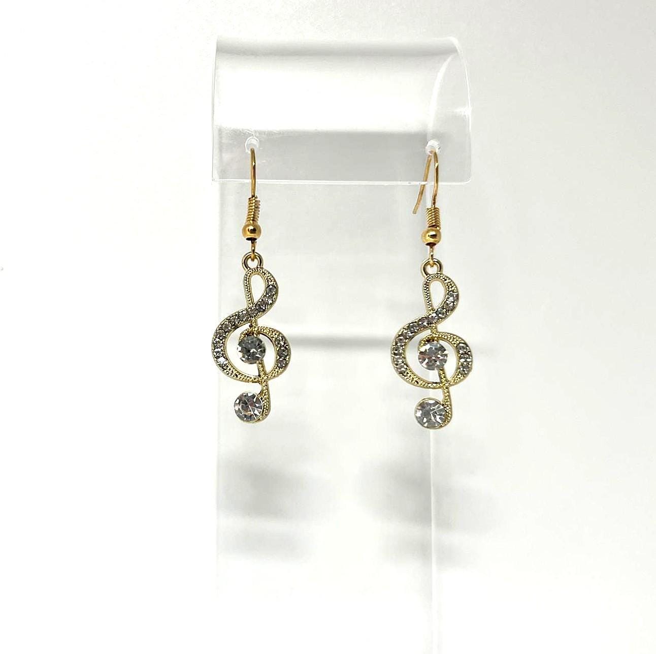 Goldene Musiknoten Ohrringe - Vergoldete Strass Ohrhänger Mit Notenschlüssel, Feine Feminine Musik Schmuck Geschenkidee von CrownedBeautyTezsah